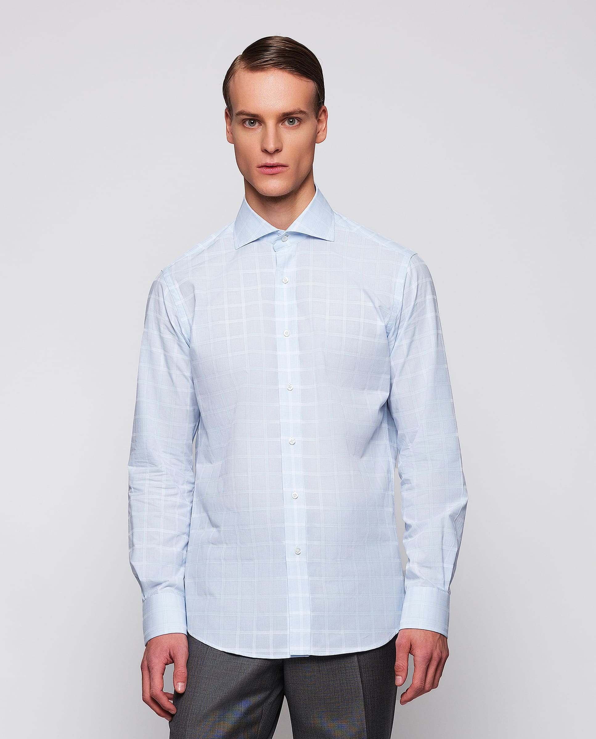 Camisa casual azul cuadros en relieve  de algodón - Image 2