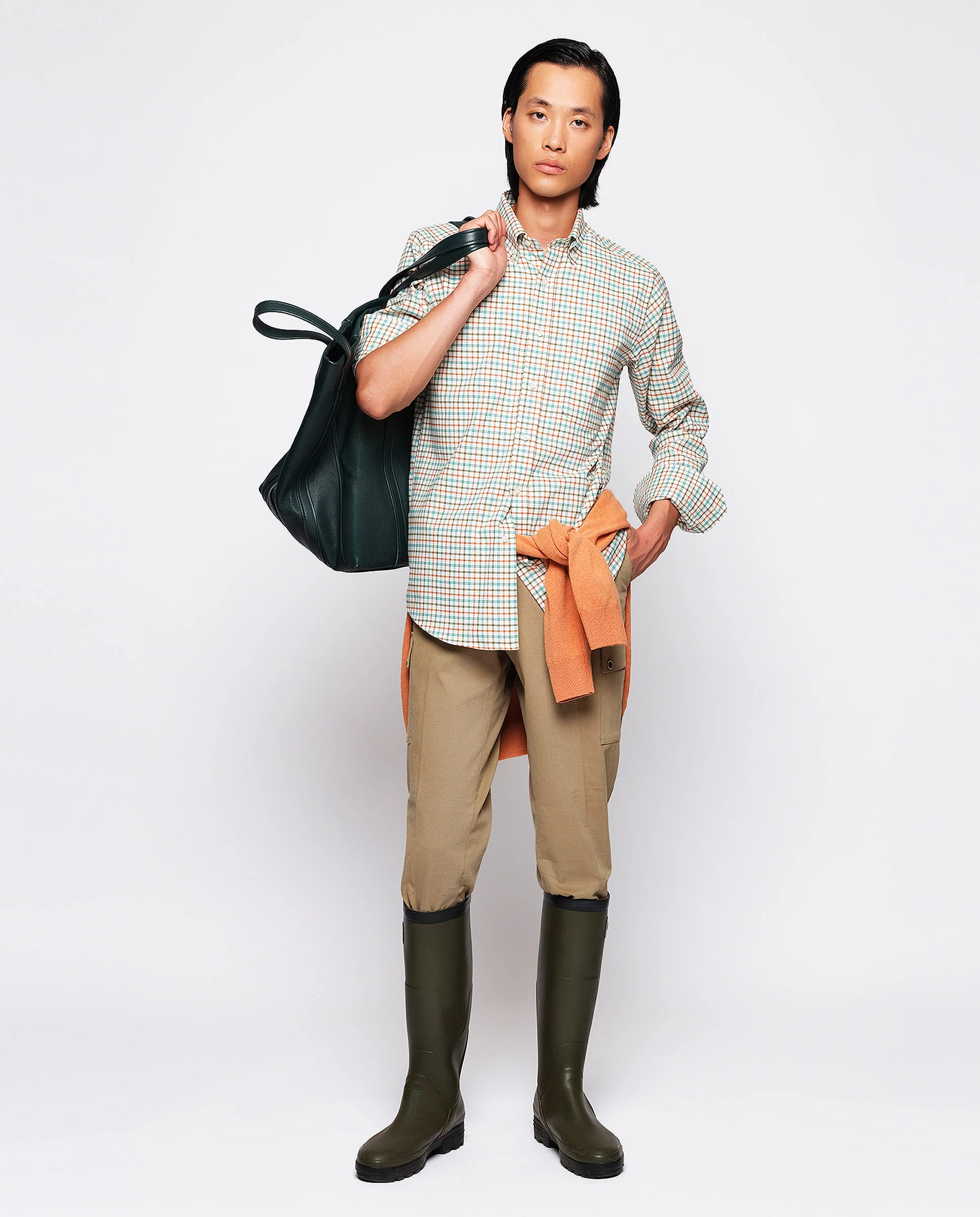 Camisa casual begie cuadros naranjas y verdes - Image 4