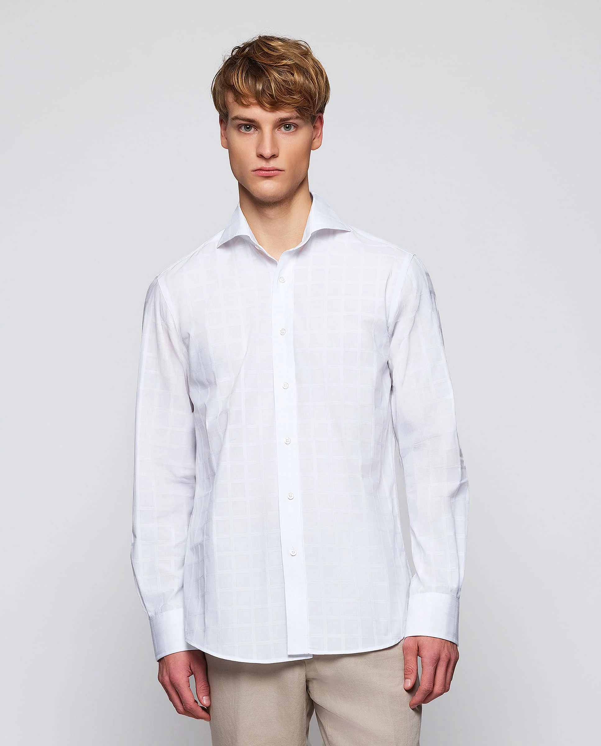 Camisa casual blanca cuadros en relieve de algodón - Image 2