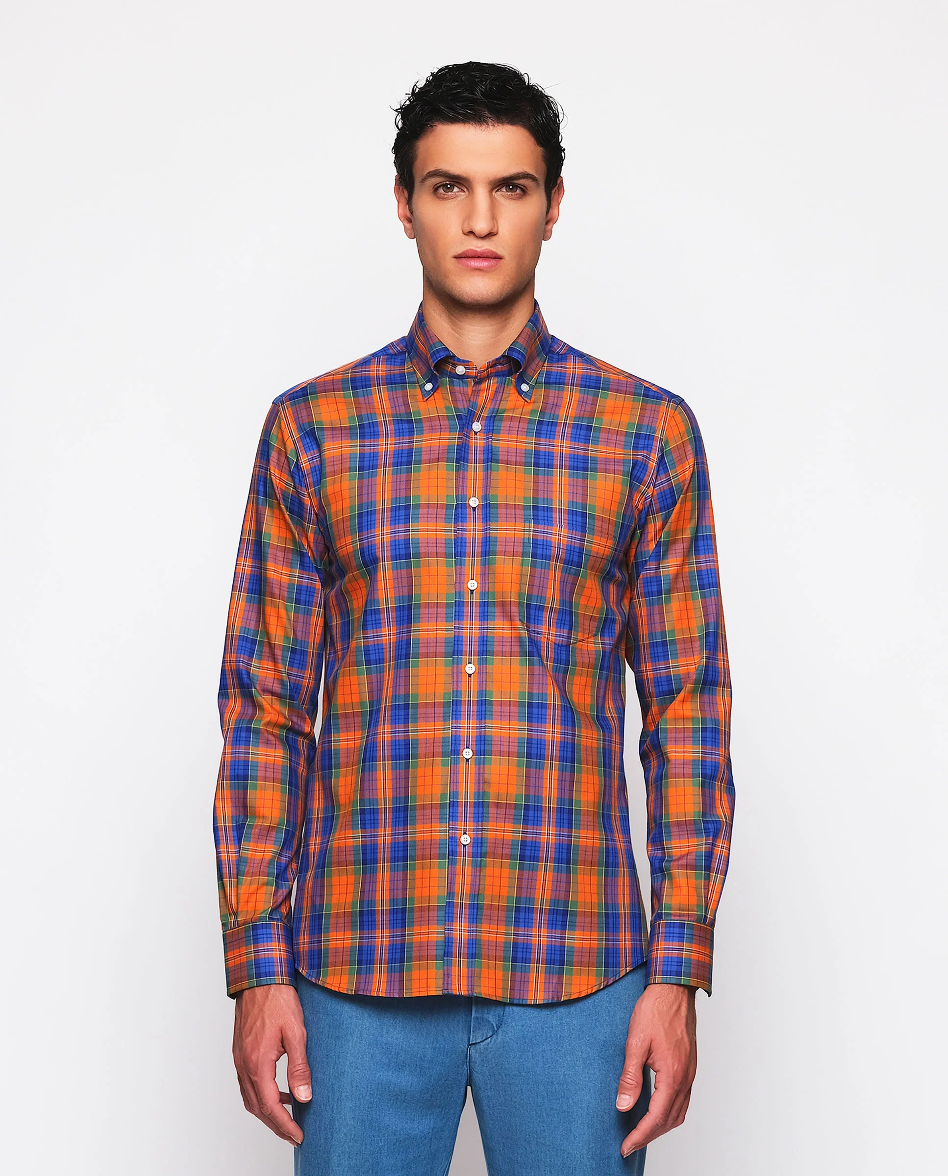 Camisa casual cuadros azul y naranja estructura - Image 2