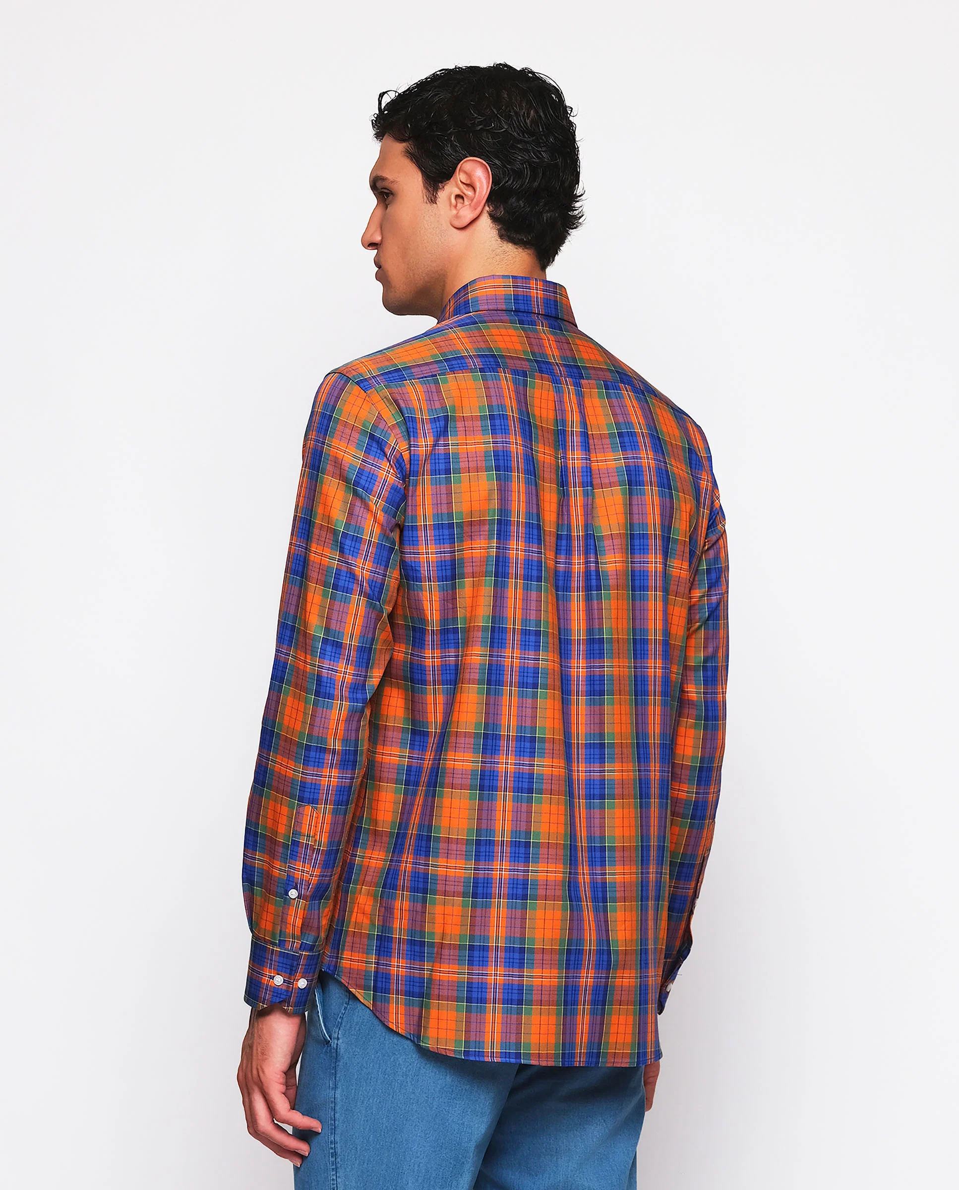 Camisa casual cuadros azul y naranja estructura - Image 3