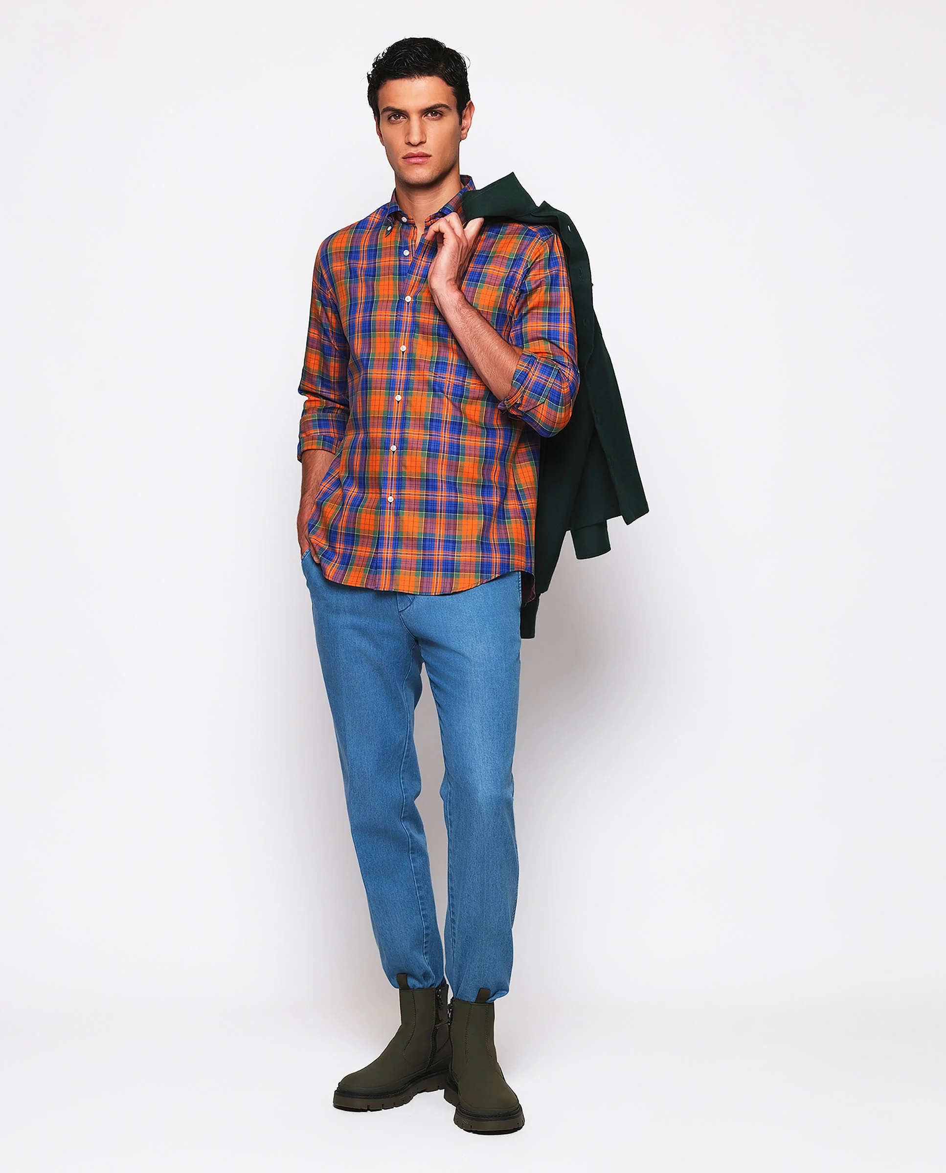 Camisa casual cuadros azul y naranja estructura - Image 4