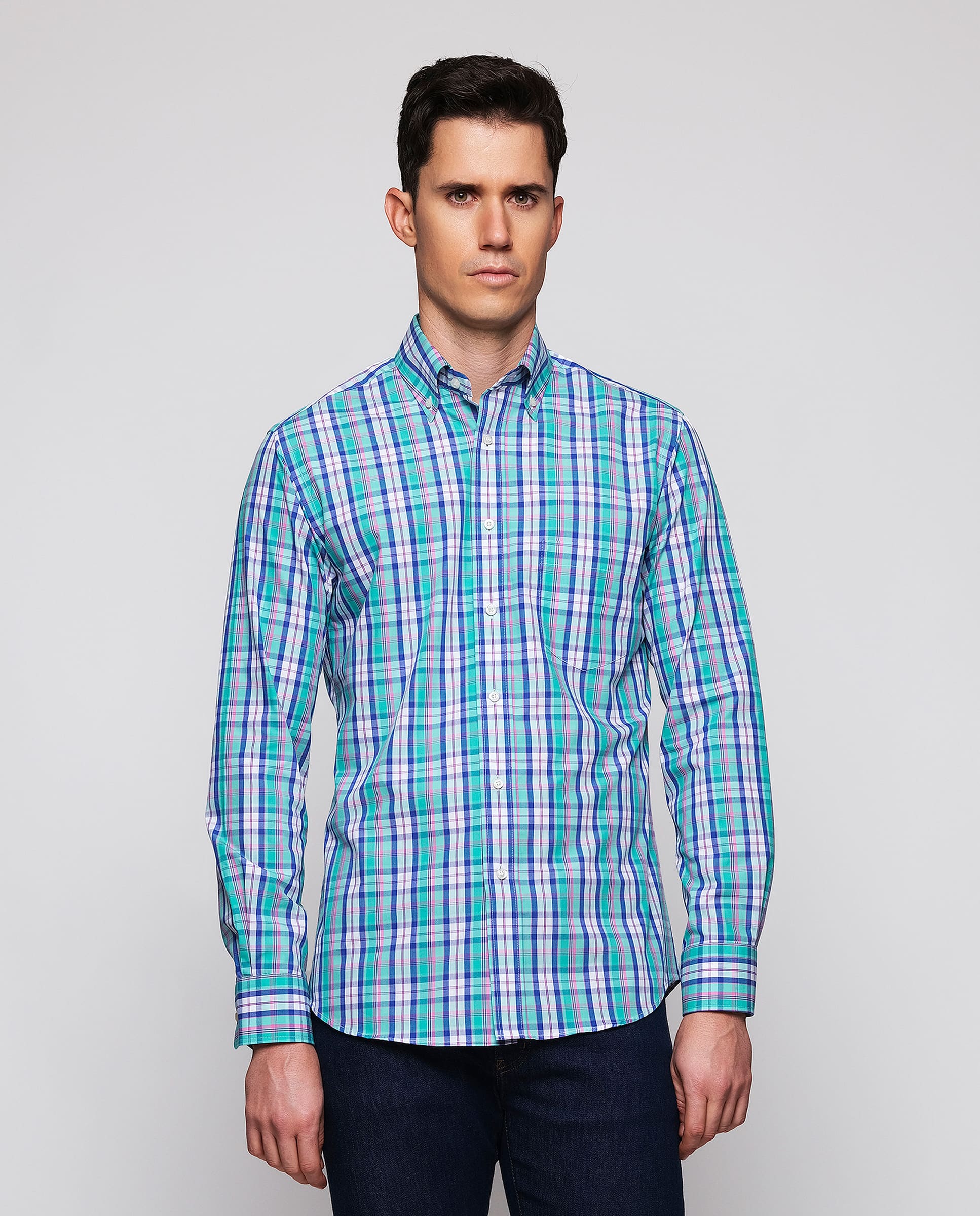 Camisa casual cuadros azules y rosa de popelín - Image 2