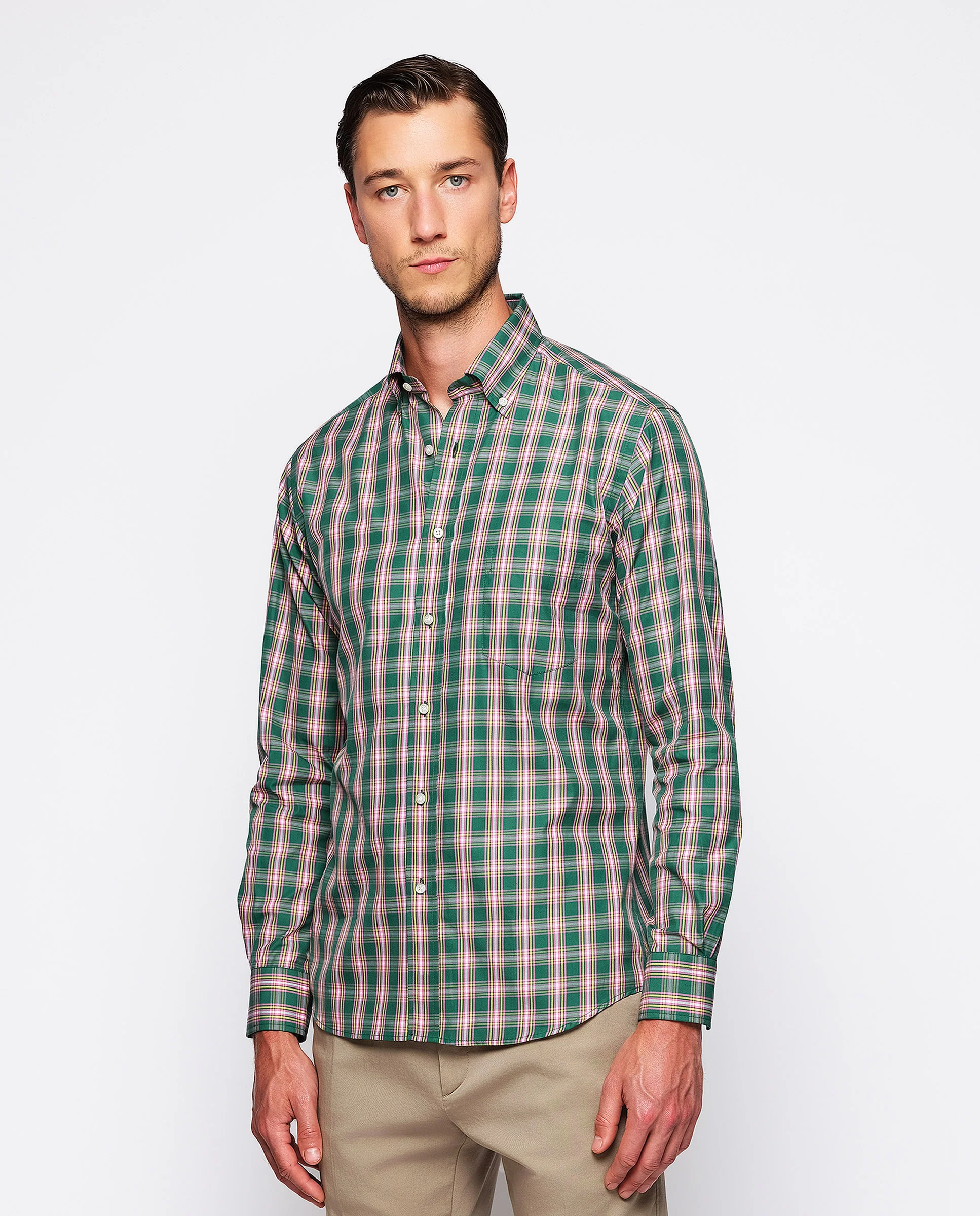 Camisa casual verde cuadros rosas y amarillos - Image 2