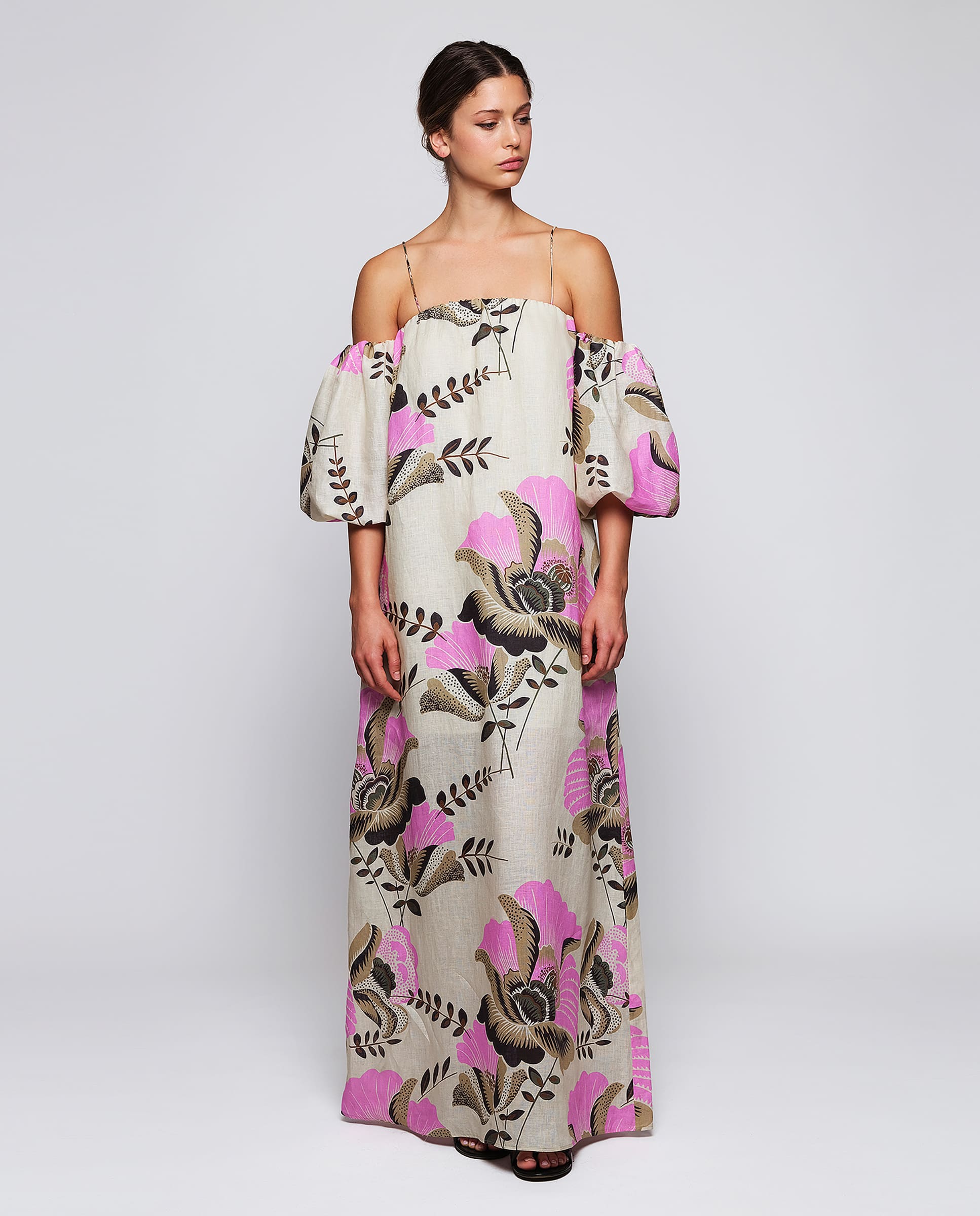 Vestido largo estampado floral de lino