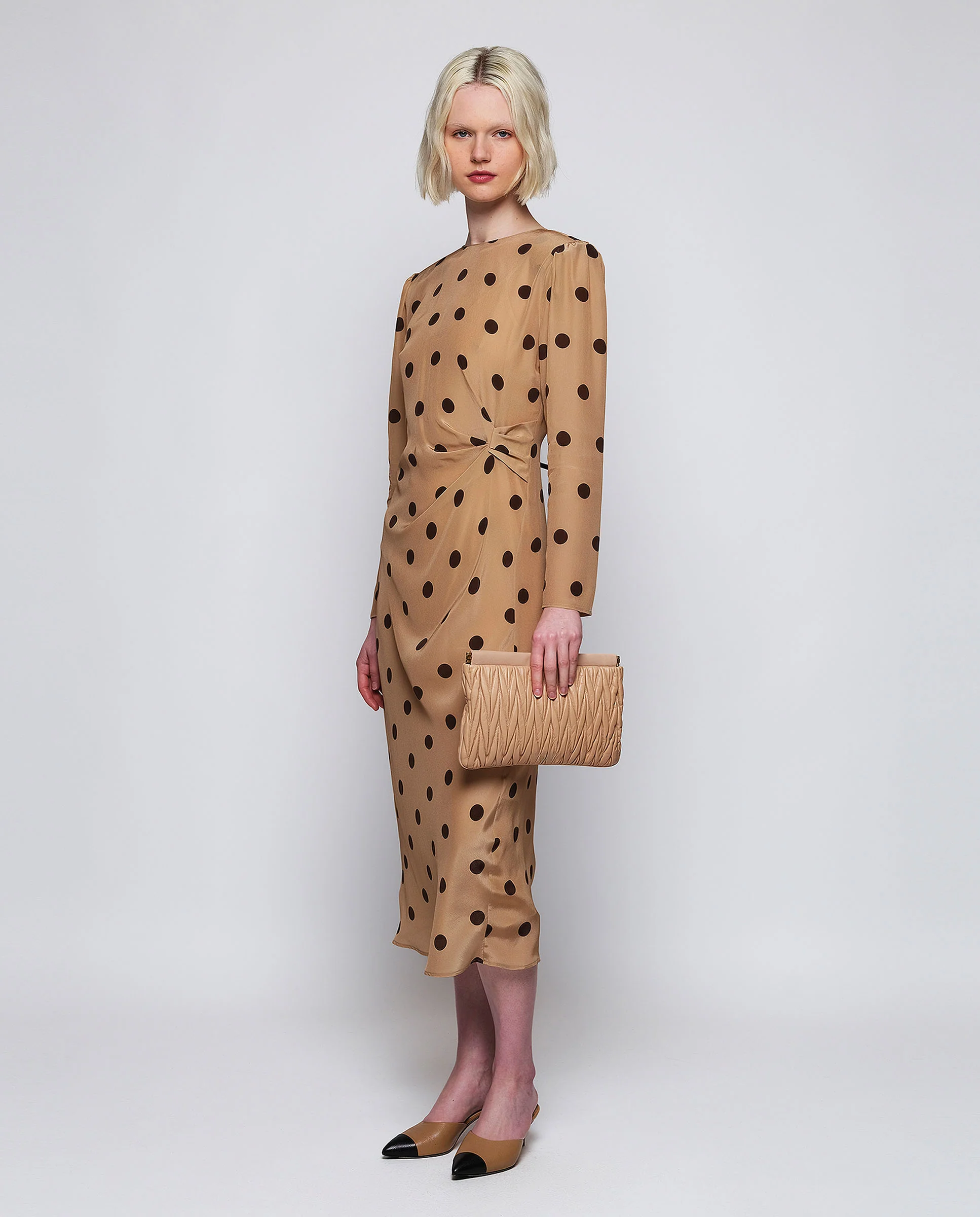 Vestido midi camel estampado lunares marrón - Image 3
