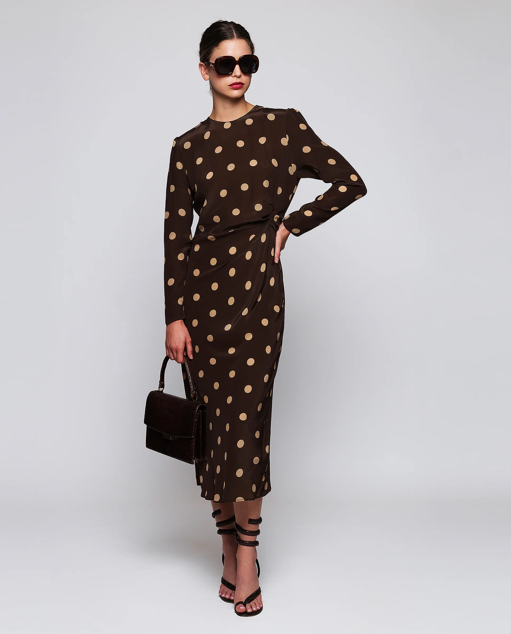 Vestido midi marrón estampado lunares camel - Image 3