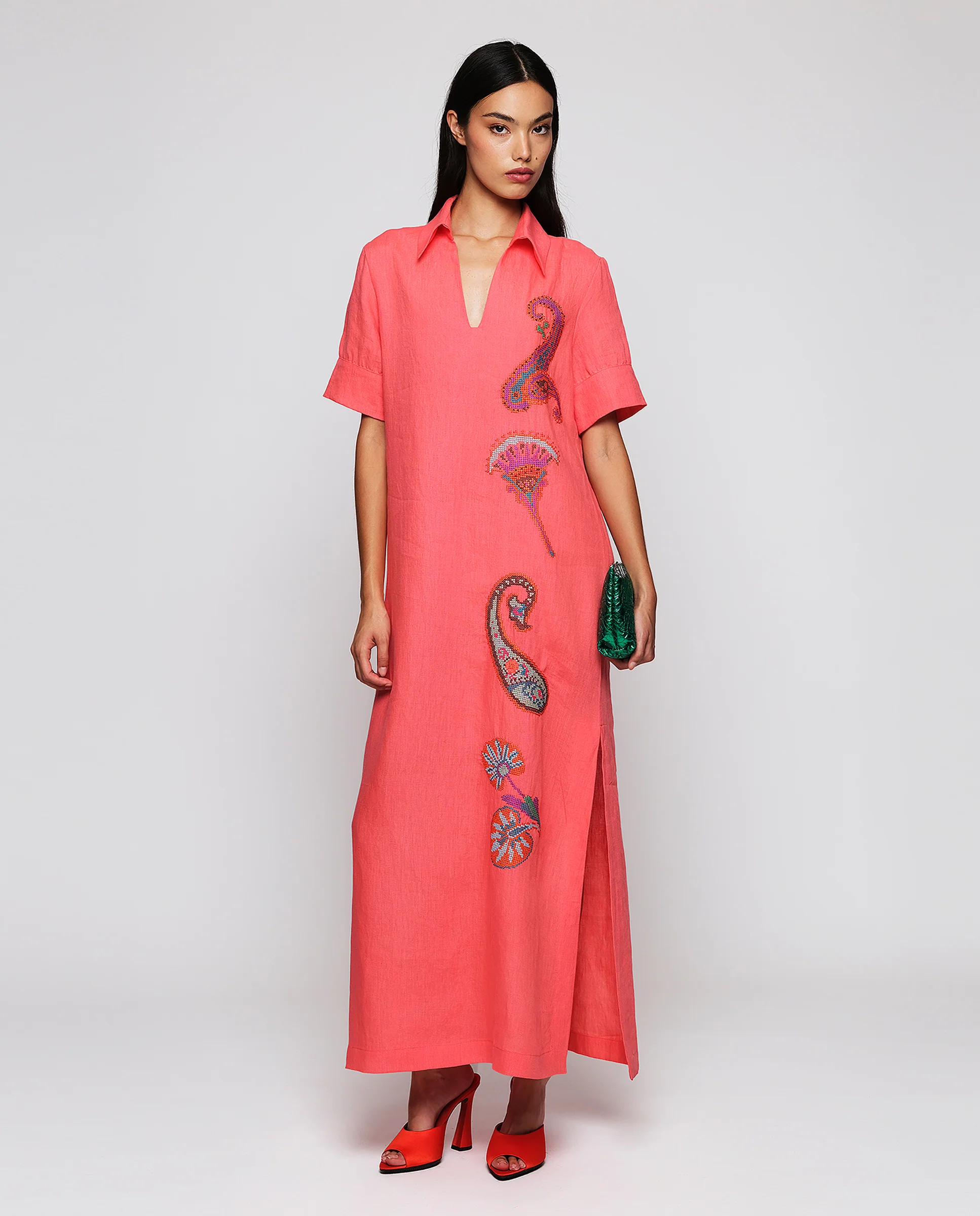 Vestido naranja bordado paisley de lino - Image 3